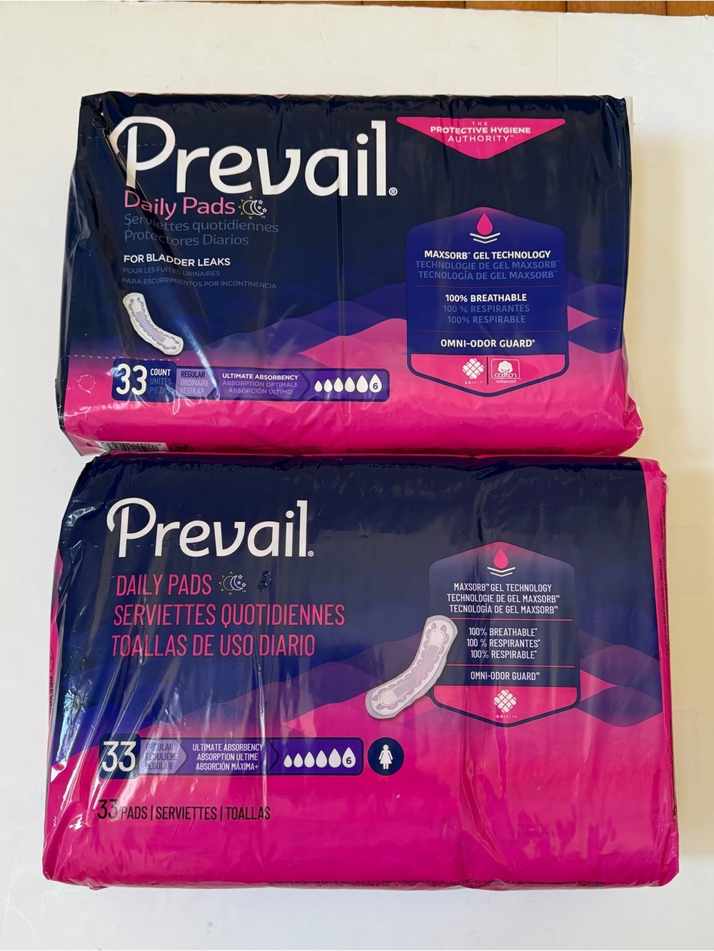 2 Packs of 33 Pads Prevail Overnight Blader Control Pads